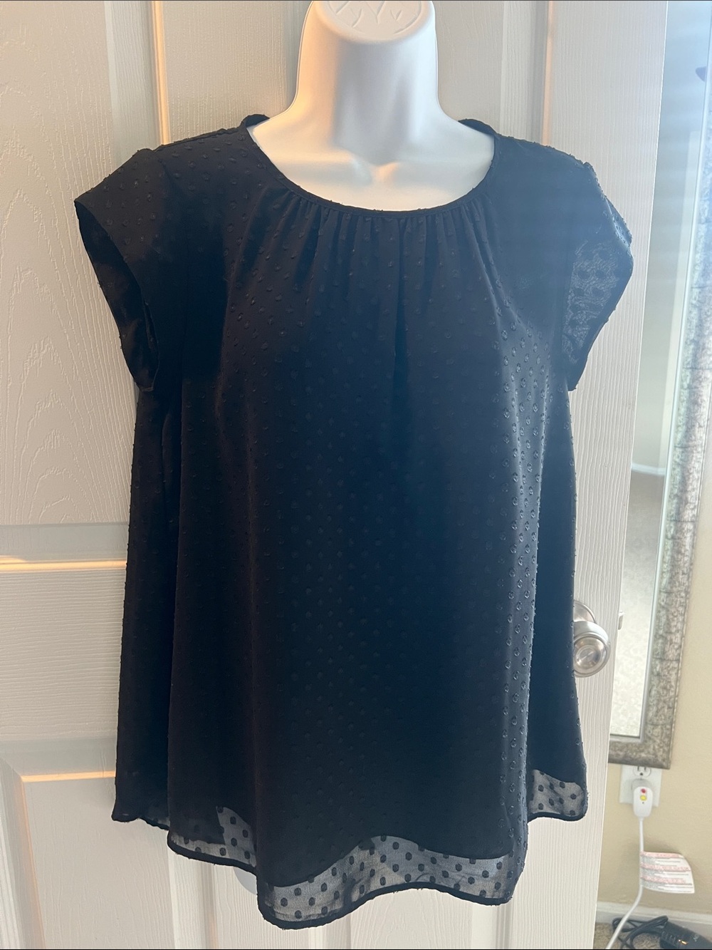 DR2 Black Swiss Dot Chiffon Short Sleeve Blouse
